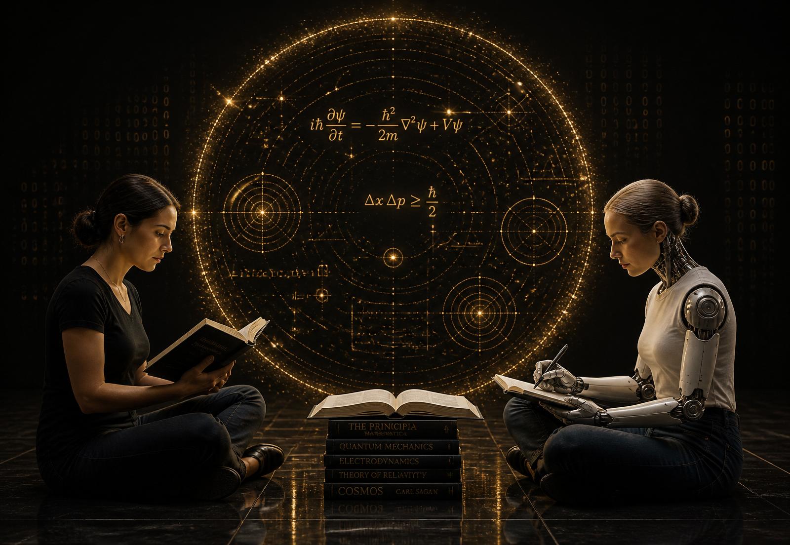 Two scholars — human and machine — studying beneath a luminous hexagonal diagram of physics notation